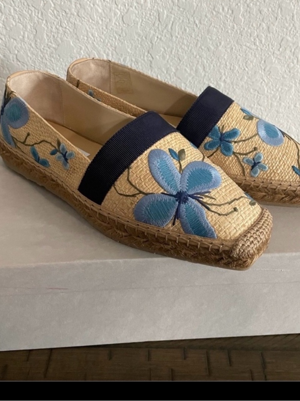 Jimmy Choo Tan Espadrille Flats with Blue Floral Embroidery